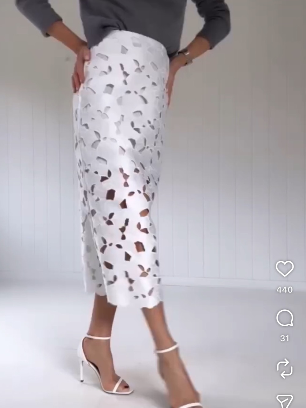 H&M White Floral Cutout Lace Midi Pencil Skirt Size 4 Embroidered Eyelet